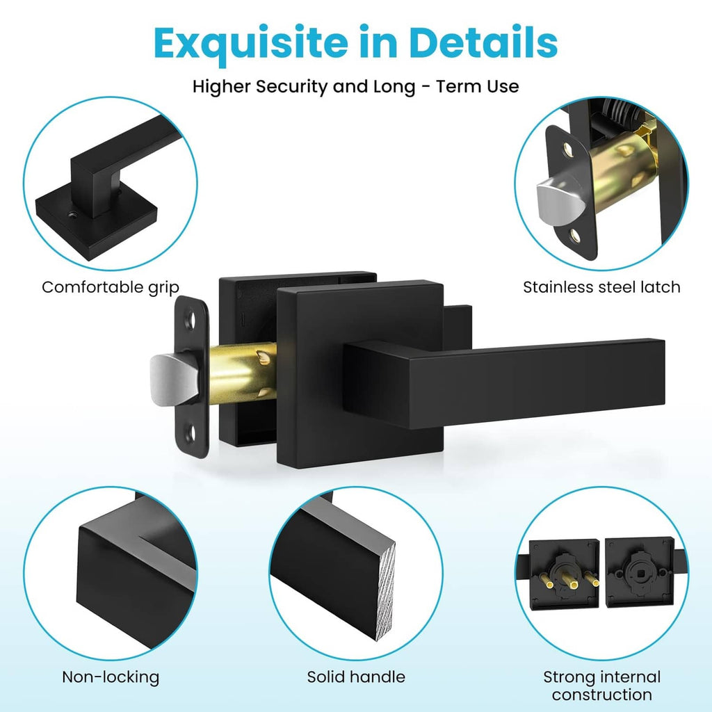 Matte black door lever set closeups: handle lever, stainless steel latch, mounting hardware