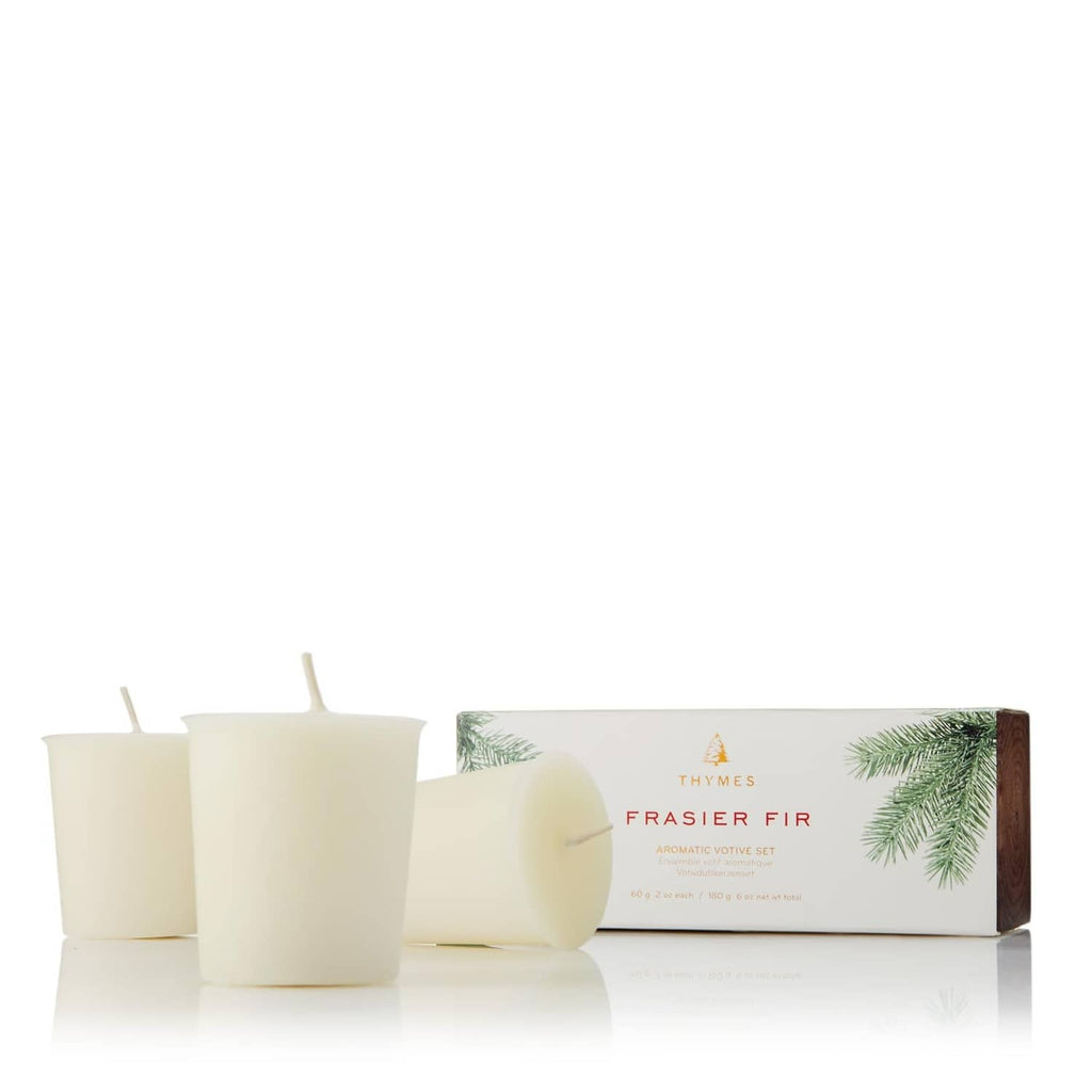 Thymes Frasier Fir votive candle set of 3, cream candles in gift box