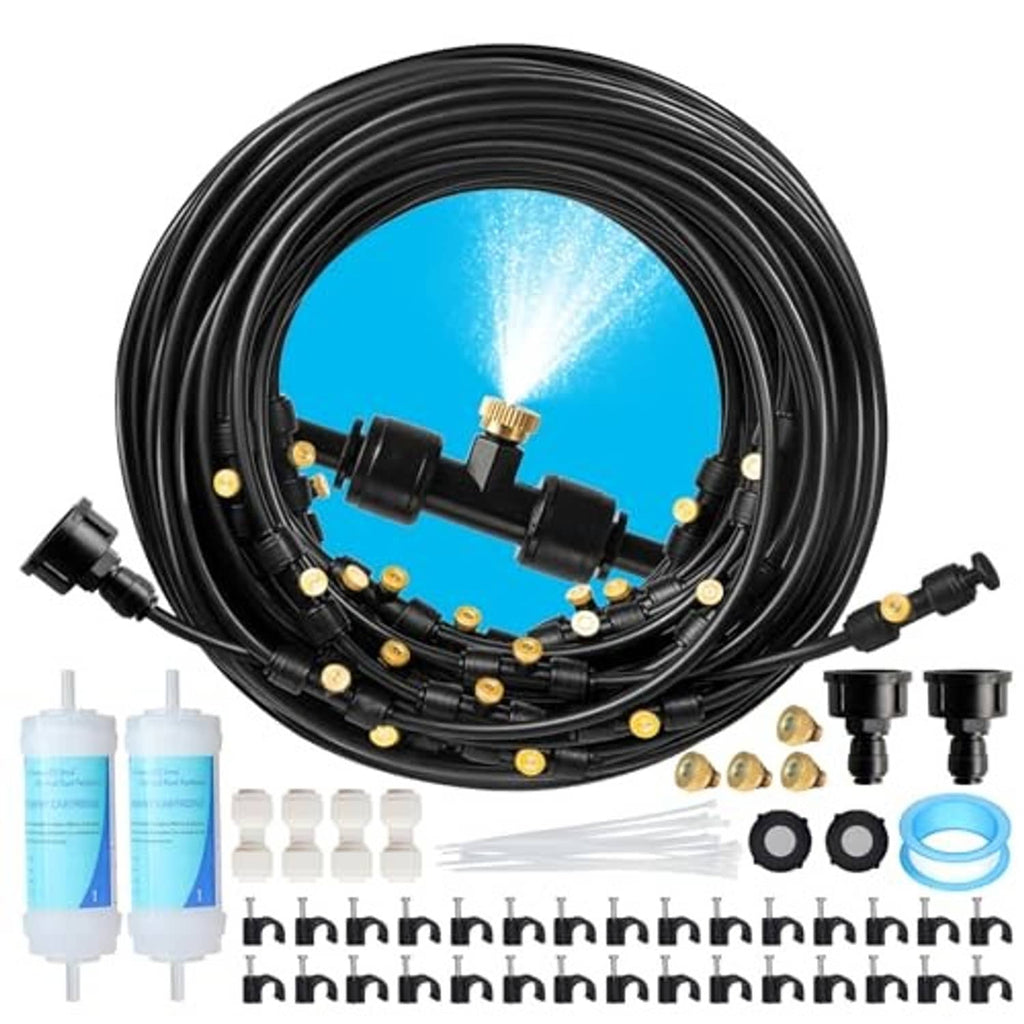 Coiled misting hose with multiple nozzles, brass adapters, and filter cartridges kit