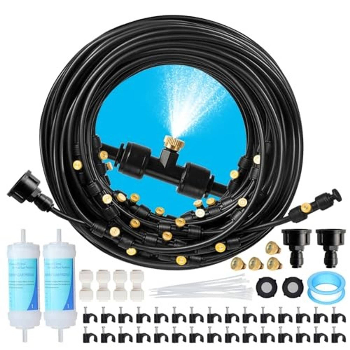 Coiled misting hose with multiple nozzles, brass adapters, and filter cartridges kit