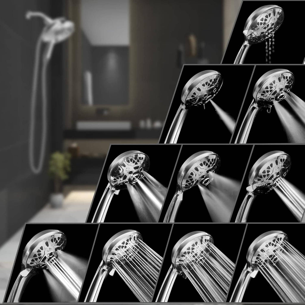 Chrome 2-in-1 rain shower head with multiple spray angles and handheld sprayer