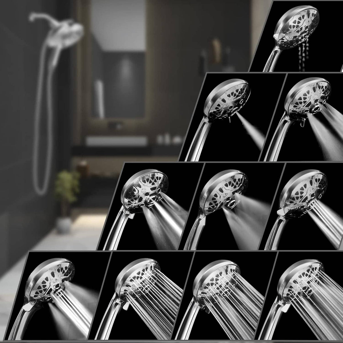 Chrome 2-in-1 rain shower head with multiple spray angles and handheld sprayer