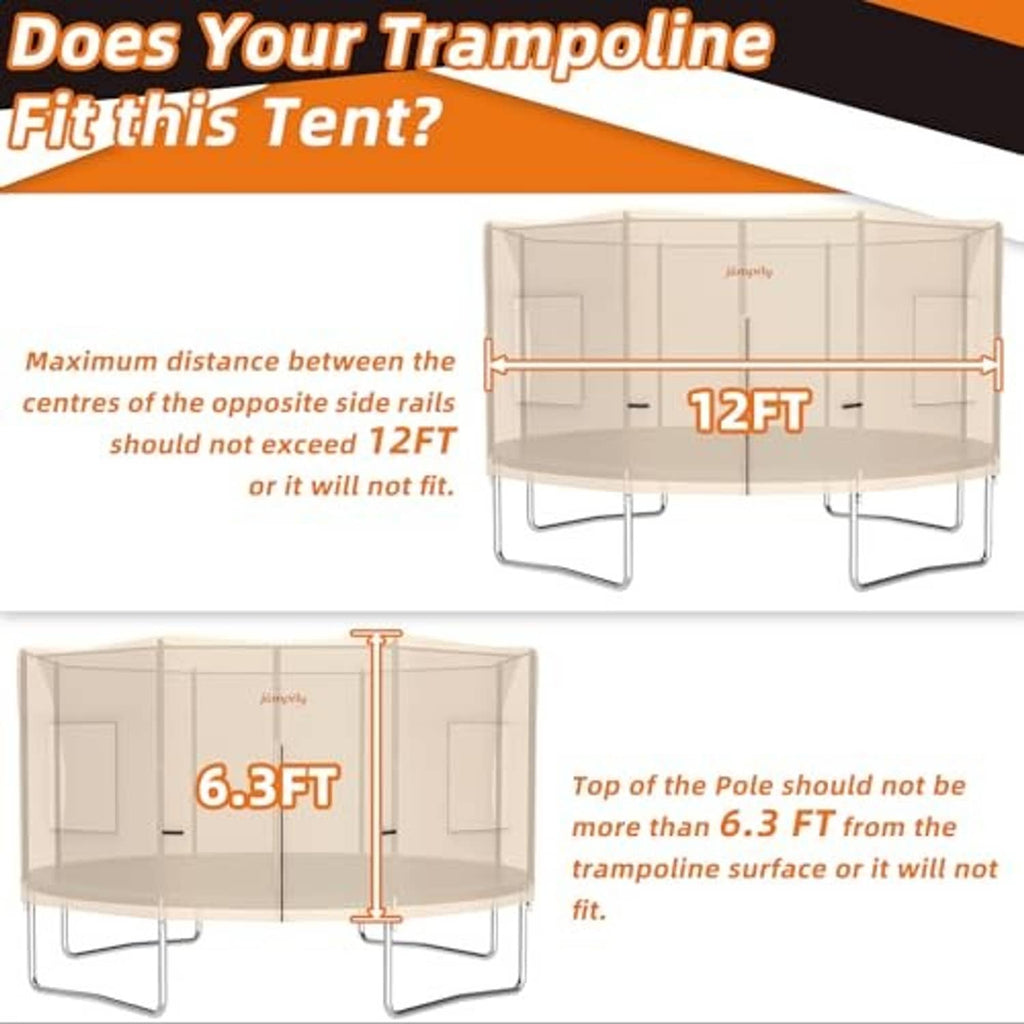 Beige trampoline tent on trampoline frame with arched front opening and side panels