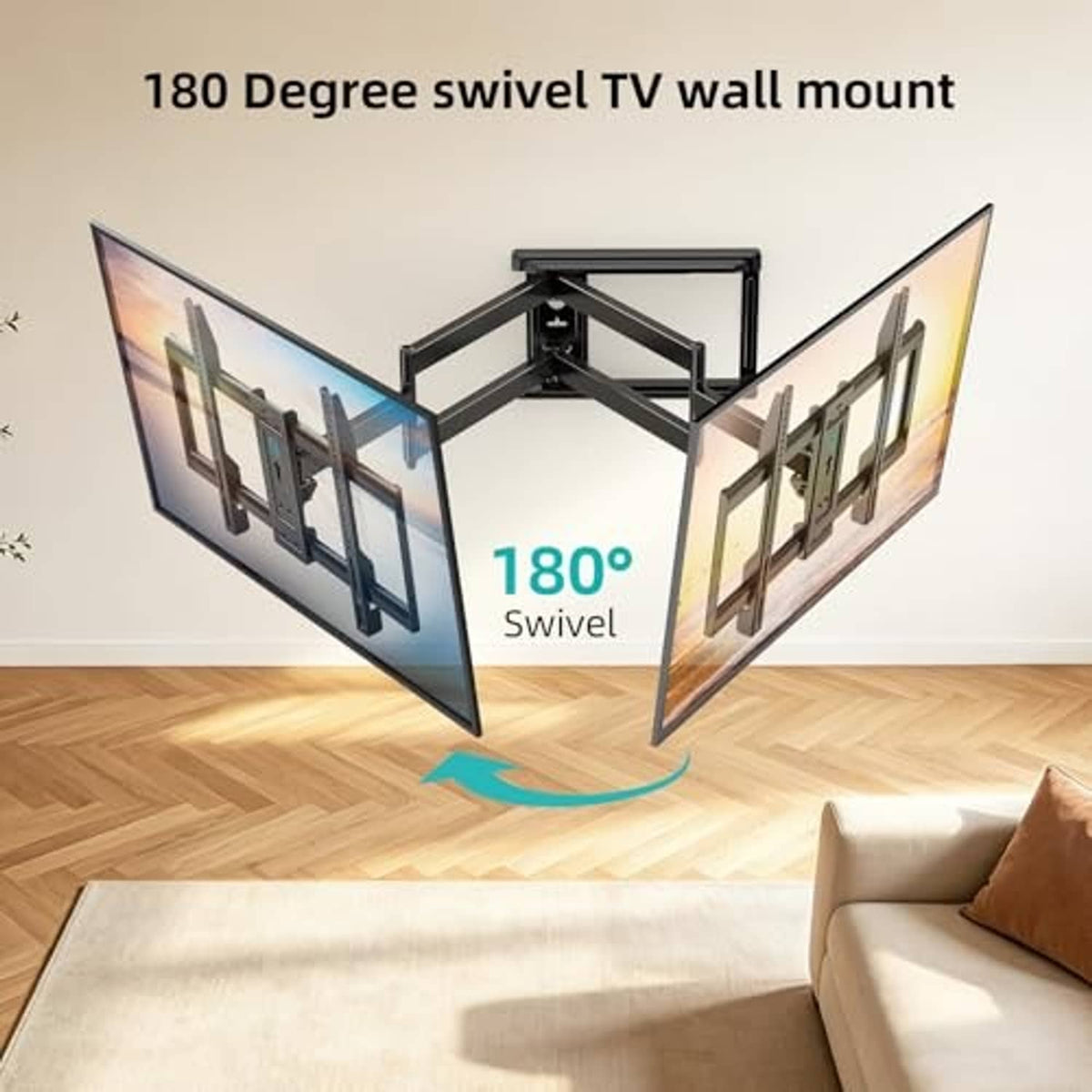 Corner TV wall mount with 180-degree swivel arms and hinge frame