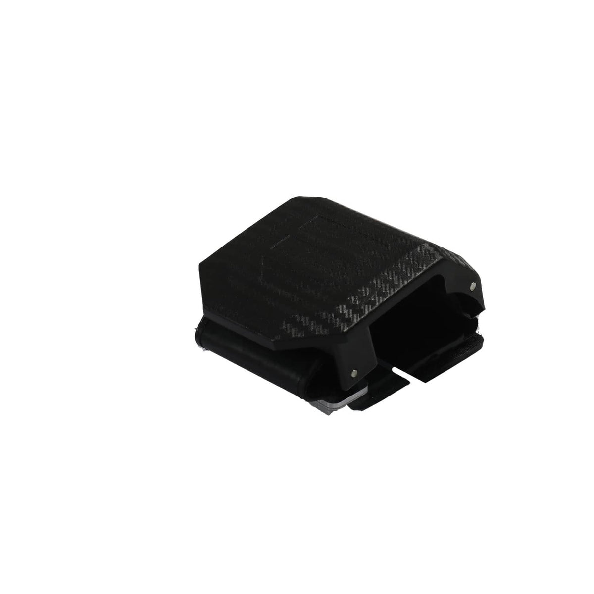 Front windshield mounting clip with textured black cover, attached to clear tinted panel.