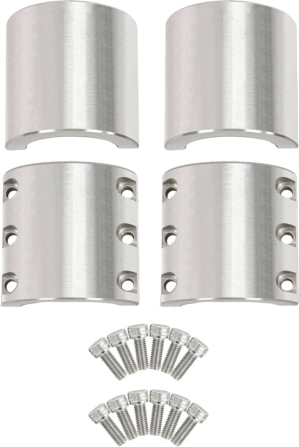 Two brushed metal split-collar clamp rings with side bolt holes and open ends
