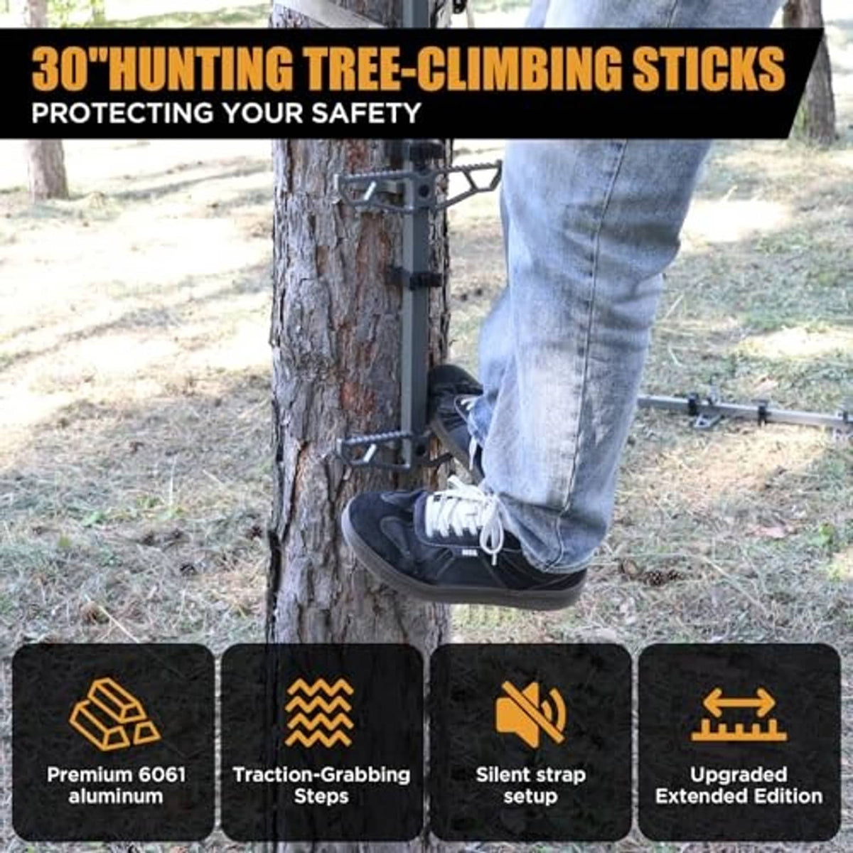 Aluminum climbing sticks mounted on a tree trunk with safety straps for standing
