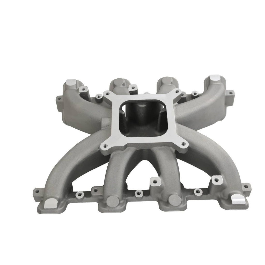 Gray single-plane intake manifold with gasket, central square opening with mounting bolt tabs