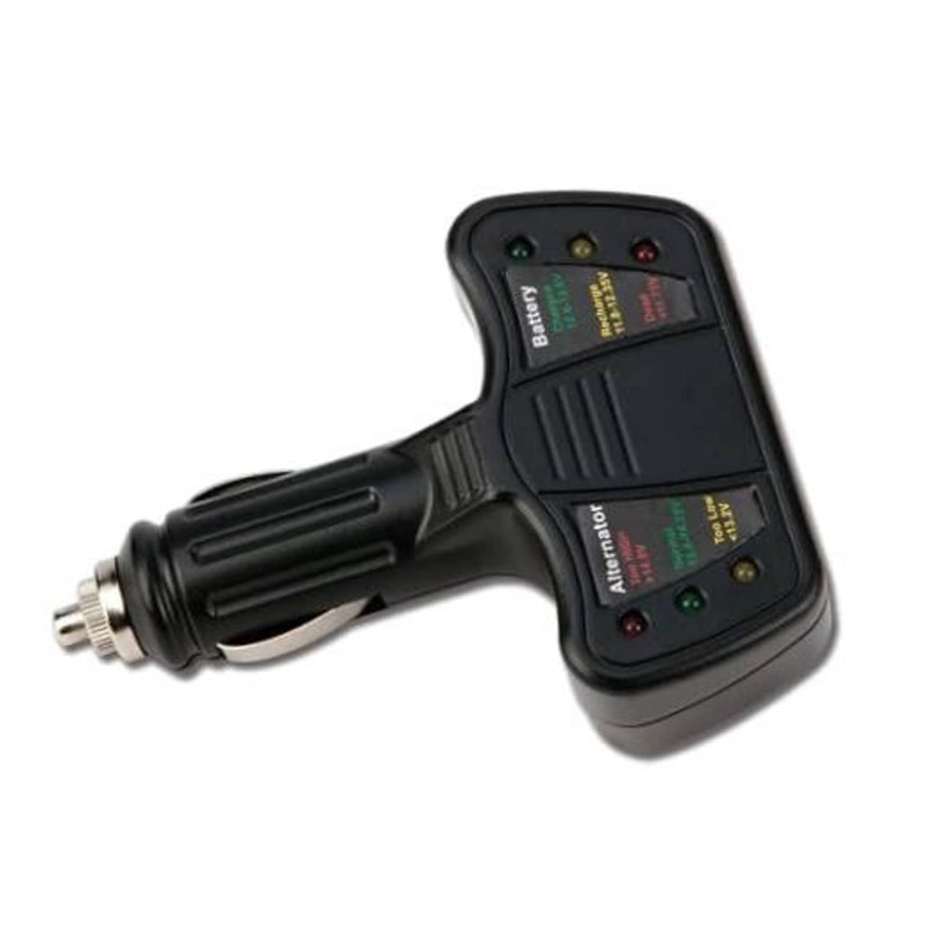 Black 12V cigarette-lighter battery and alternator tester with LED indicator panel