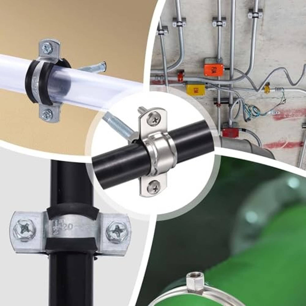 Stainless adjustable pipe clamp bracket securing black pipe