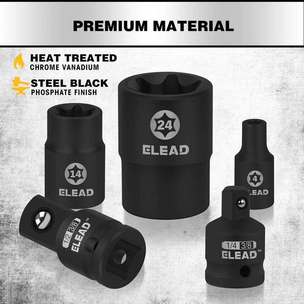 Black impact E-torx sockets and adapters, heat-treated steel black finish