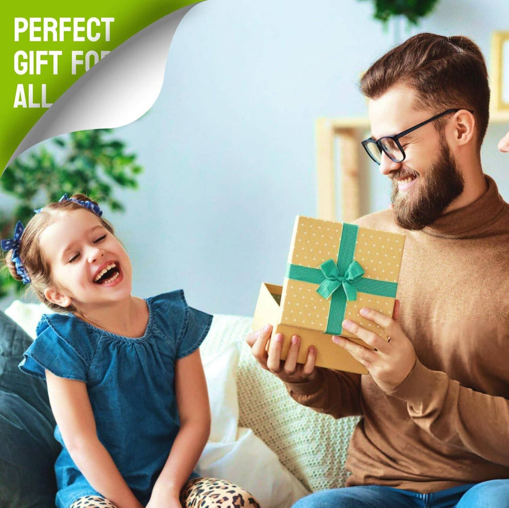 Pruning shears gift promo: man holding green and black shears near a child