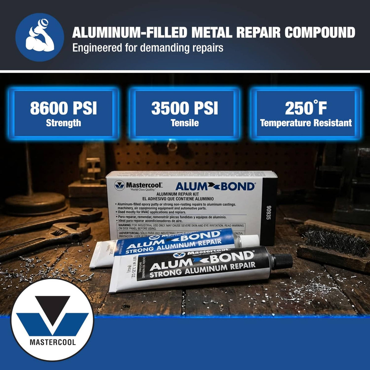 Mastercool ALUM-BOND aluminum repair compound tubes, white and black with printed labels