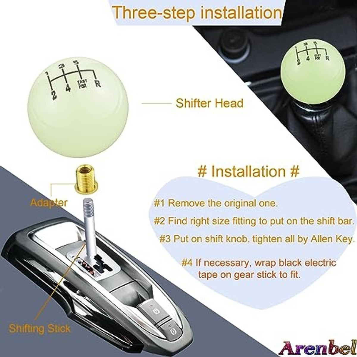 Fluorescent green shift knob with threaded adapter parts shown for installation