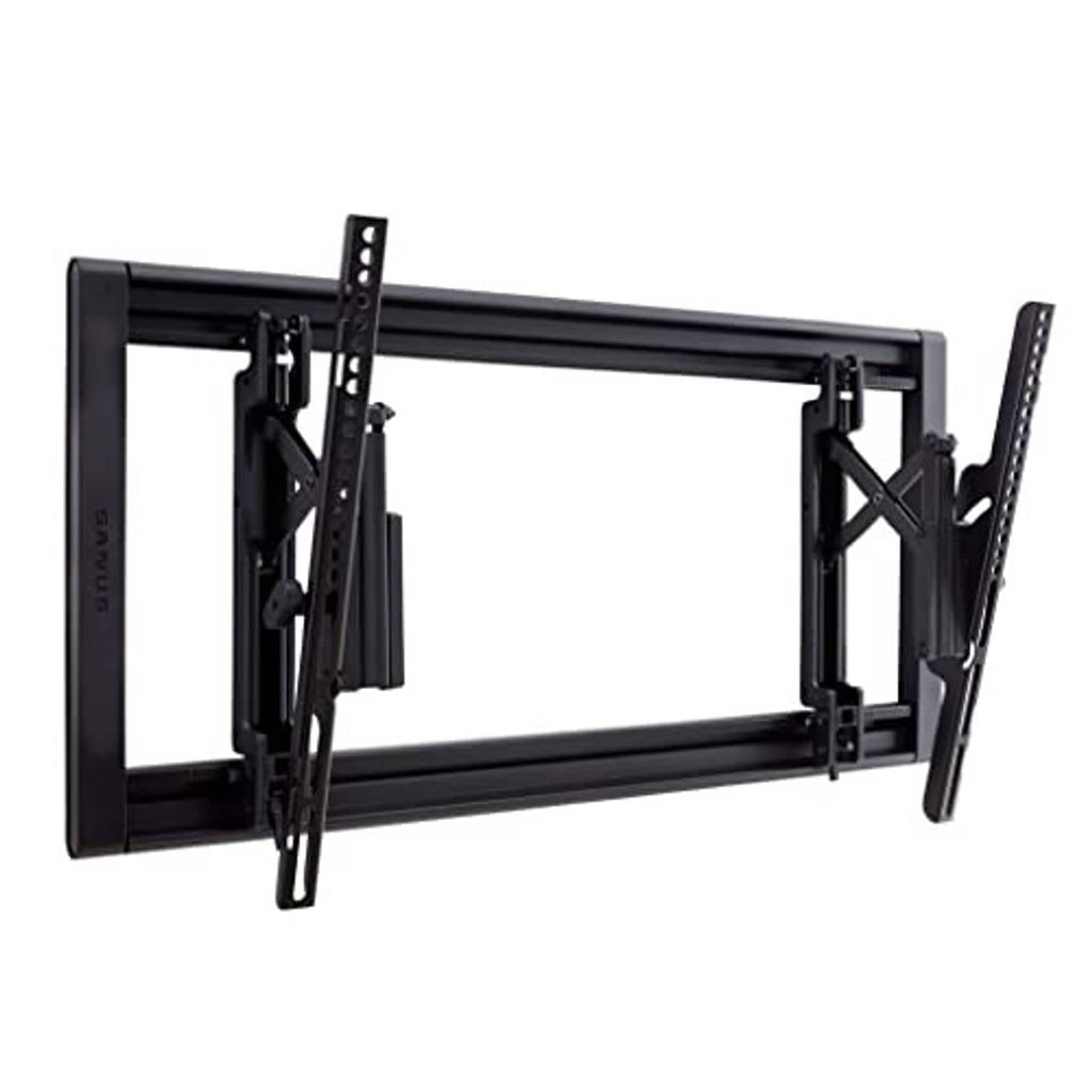 Black tilting TV wall mount frame with adjustable arms and mounting rail plates