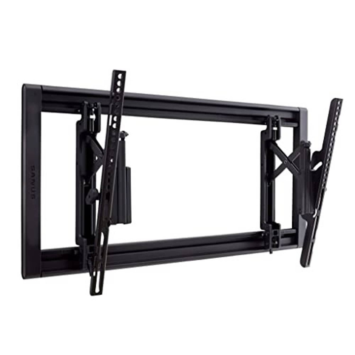Black tilting TV wall mount frame with adjustable arms and mounting rail plates