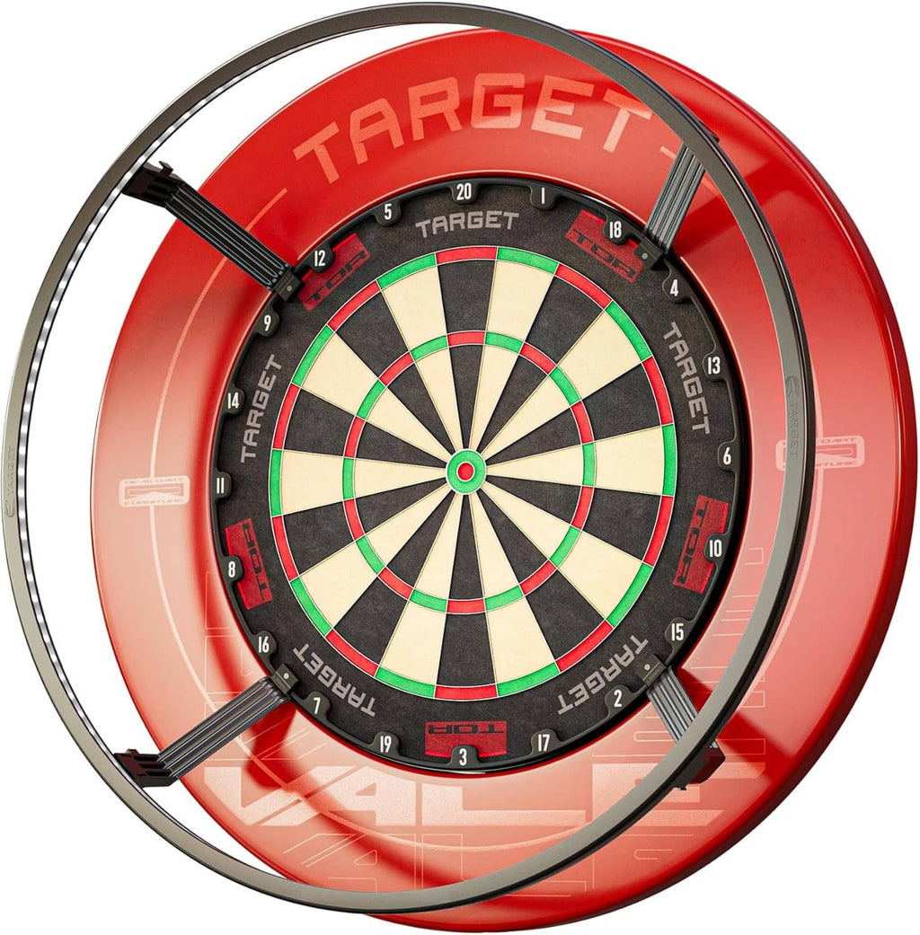 Dartboard lighting system, red dartboard target with black frame and silver outer ring