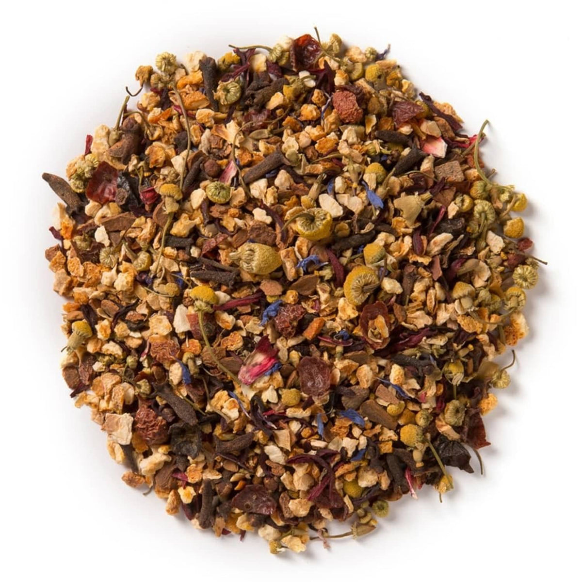 Loose leaf herbal tea blend with dried blossoms and mixed citrus peel pieces.