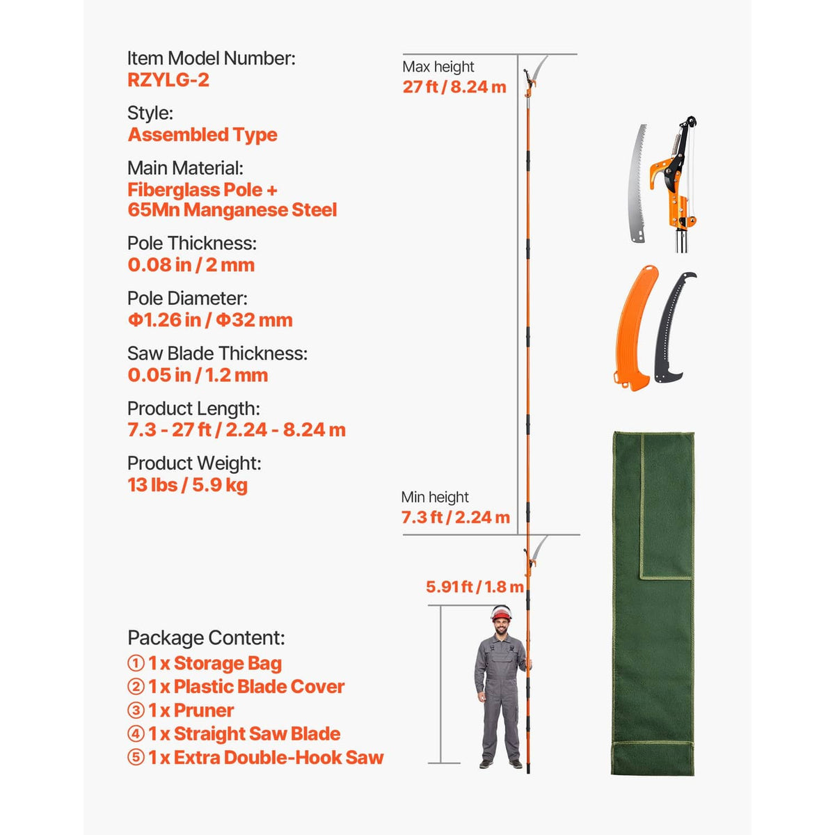Extendable pole pruner with orange-and-black fiberglass pole and green storage bag