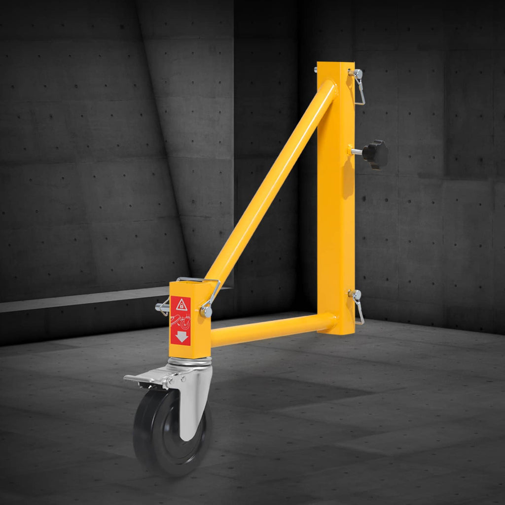 Yellow scaffolding outrigger with swivel caster wheel and mounting pin on frame