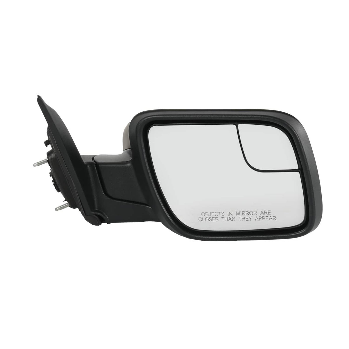 Right side power mirror with black textured housing and clear glass, angled view