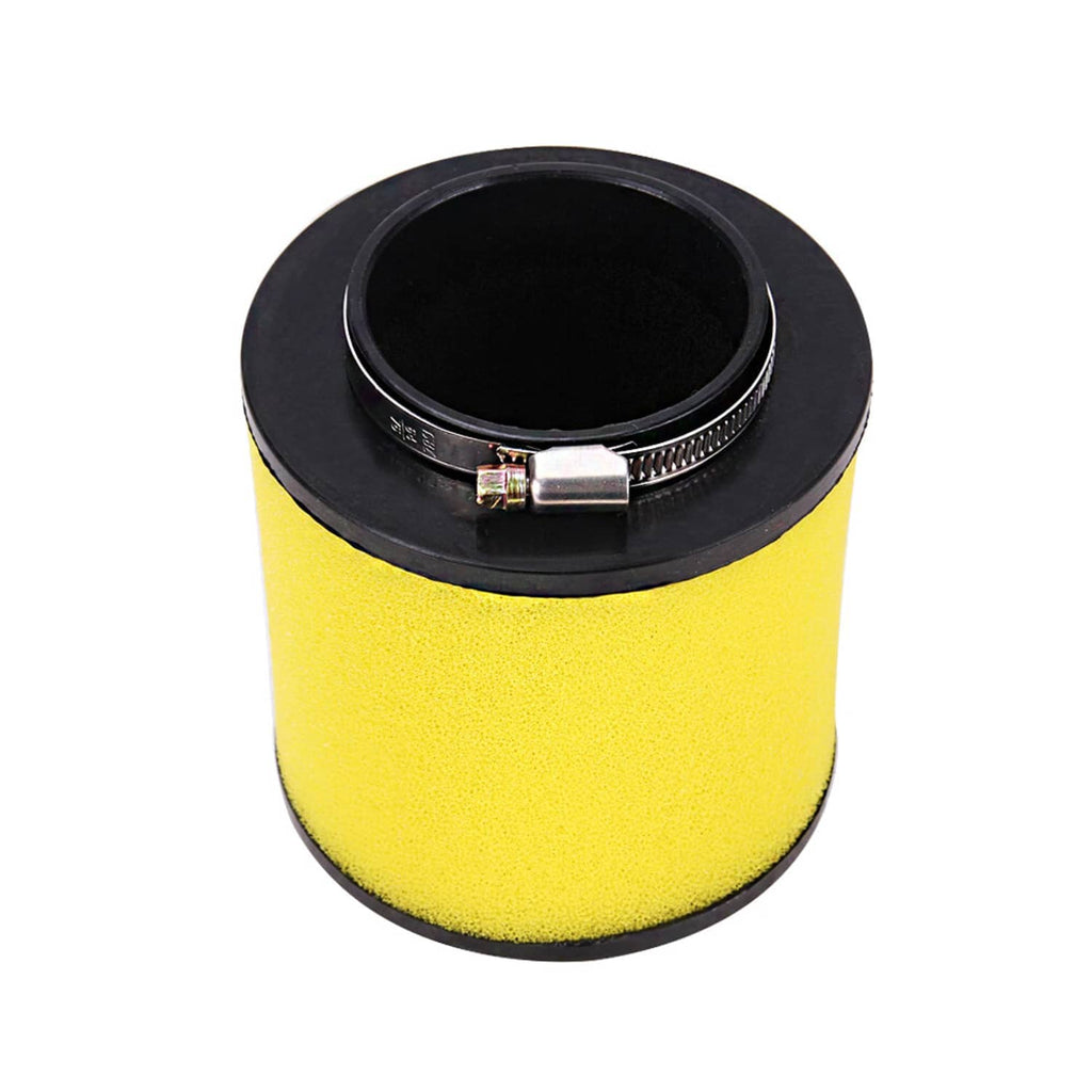 Yellow foam air filter cartridge with black top and metal band clamp