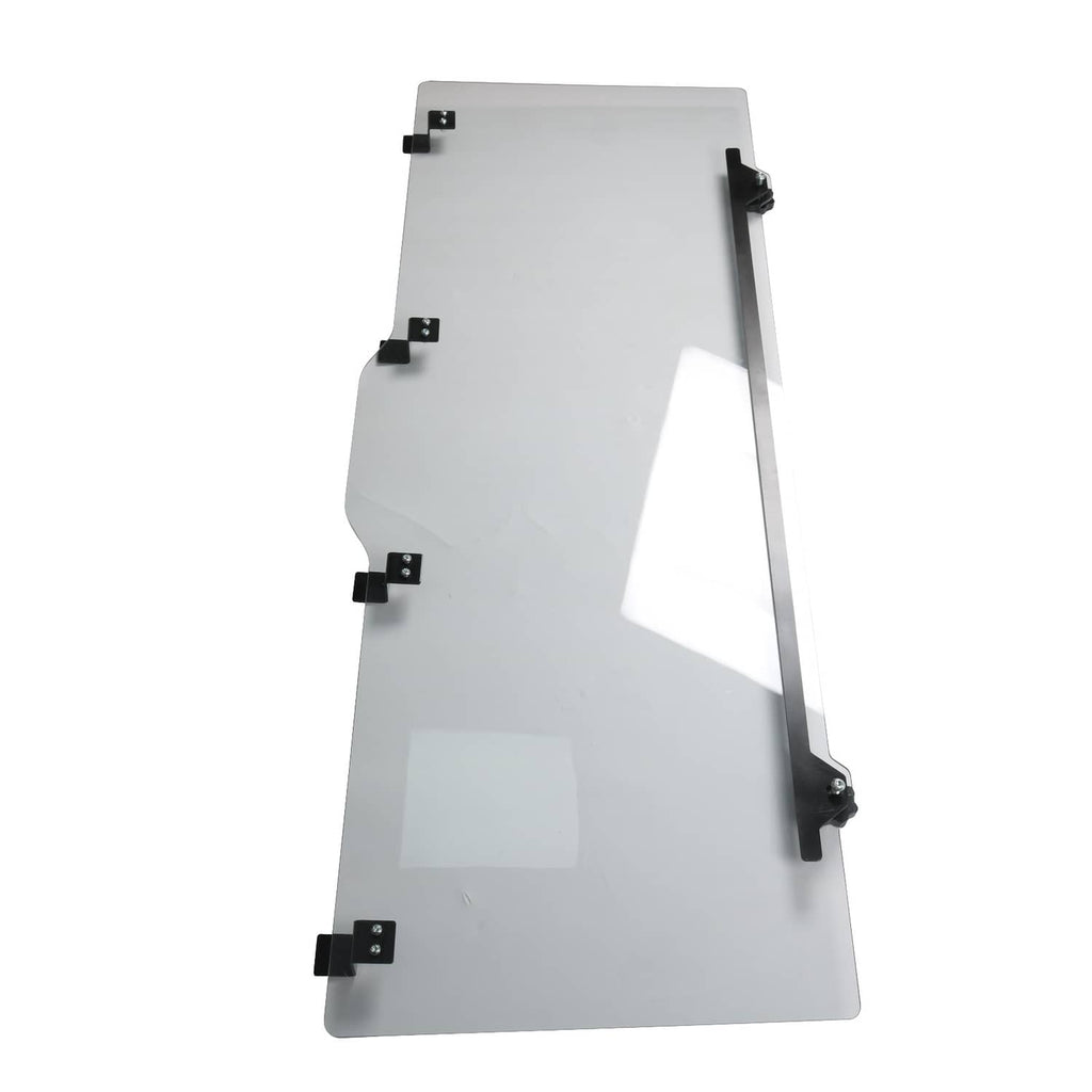 Rear sliding windshield panel with black clamps and hinge hardware on light gray glass