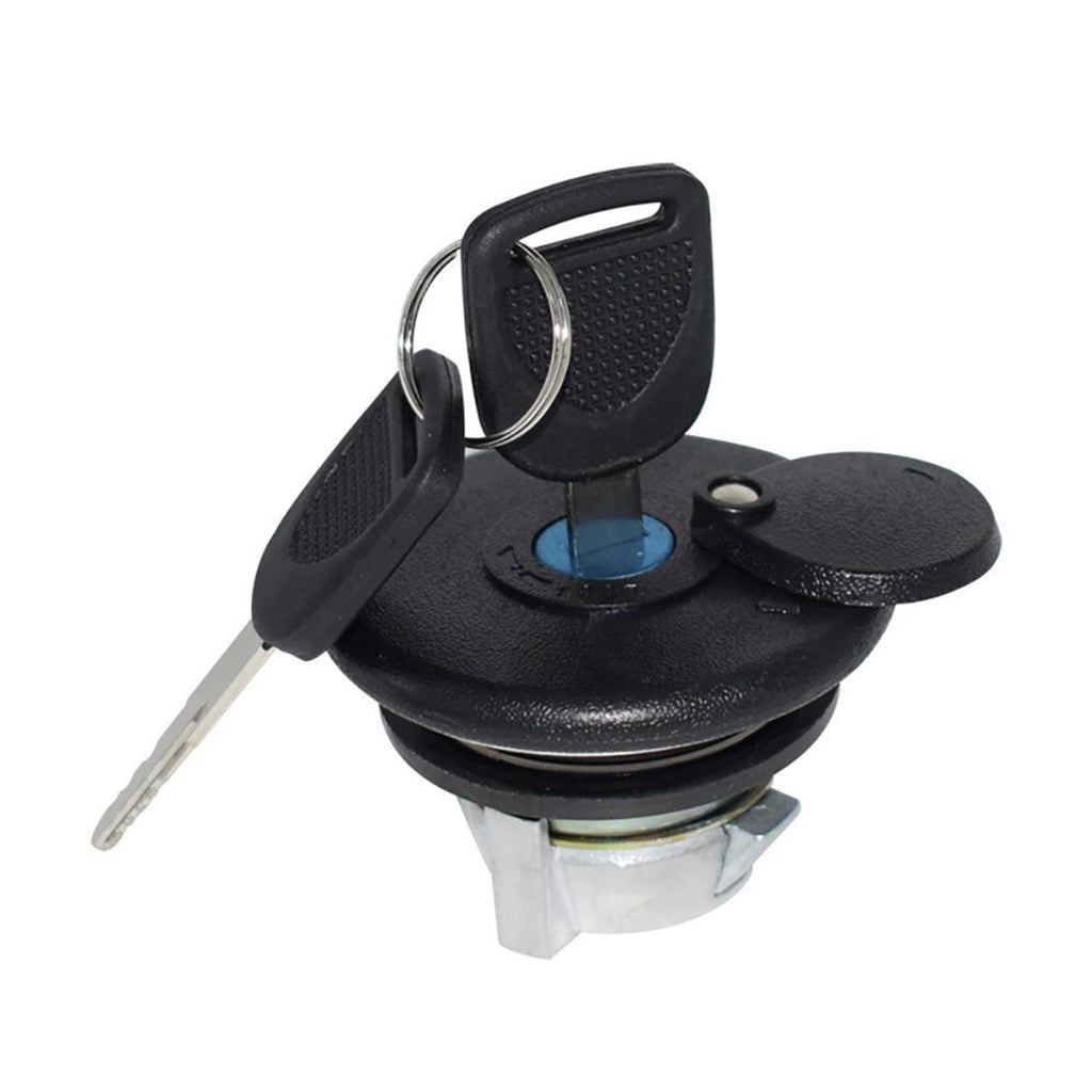 Ignition switch fuel gas cap with black housing, keys, and blue key insert
