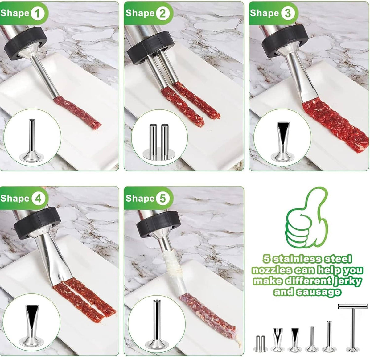Stainless jerky maker nozzles producing multiple strip and tube shapes