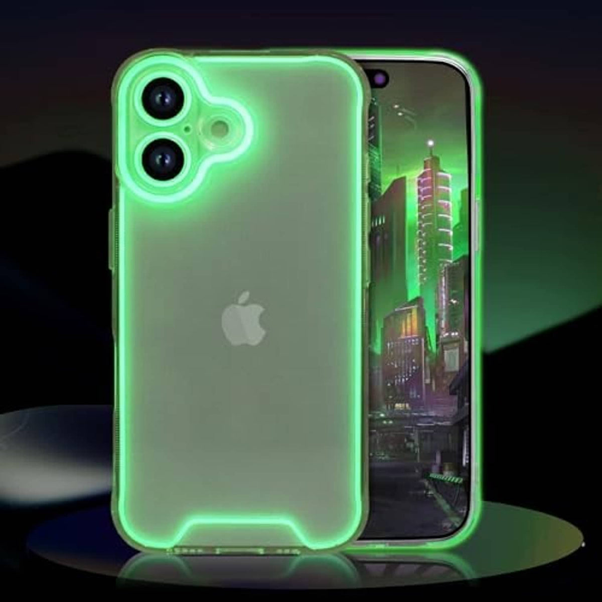 Transparent green phone case with glowing border and dual camera openings.