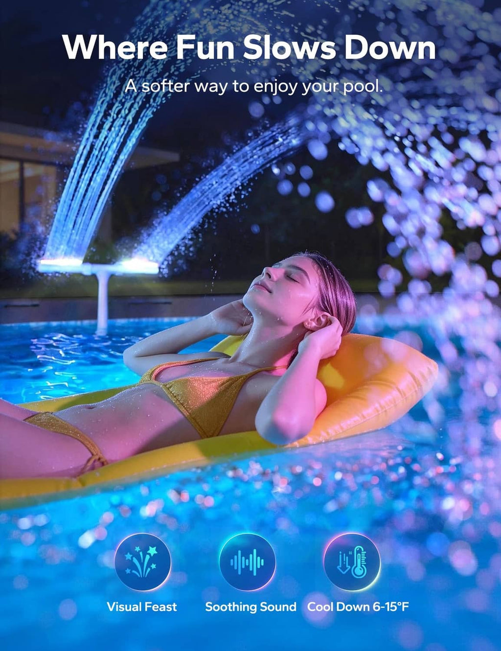 Solar pool fountain with pink-blue light creating cascading water spray