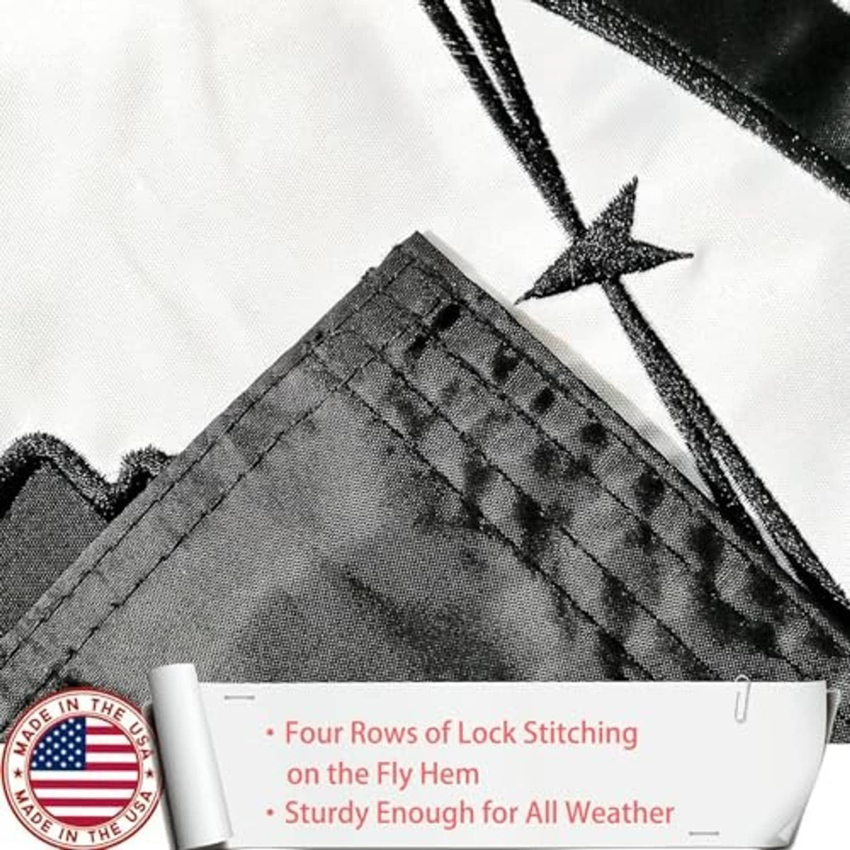 Black nylon flag hem close-up with four rows of lock stitching on the fly edge.