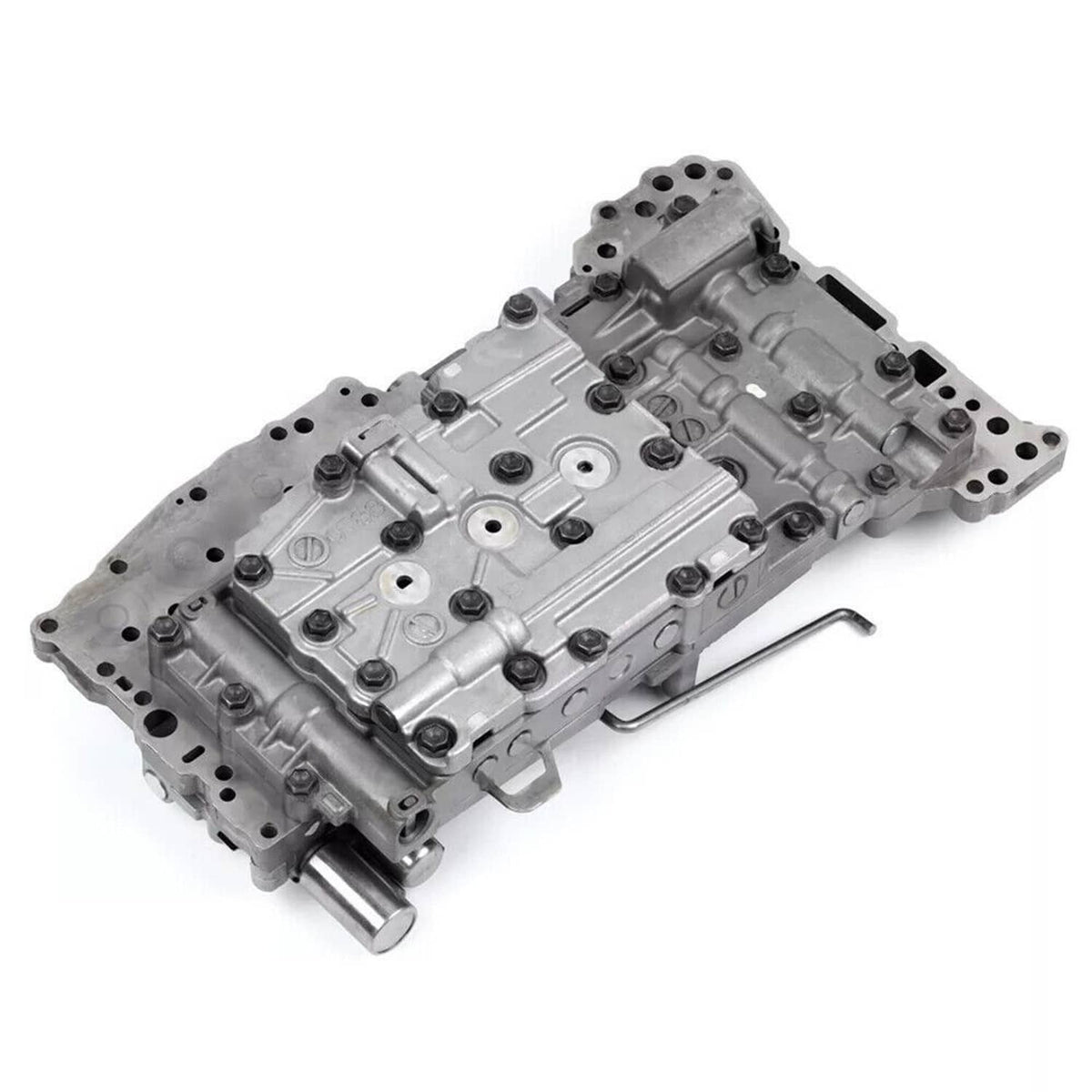 Transmission valve body with solenoids, top view of silver-gray metal valve plate