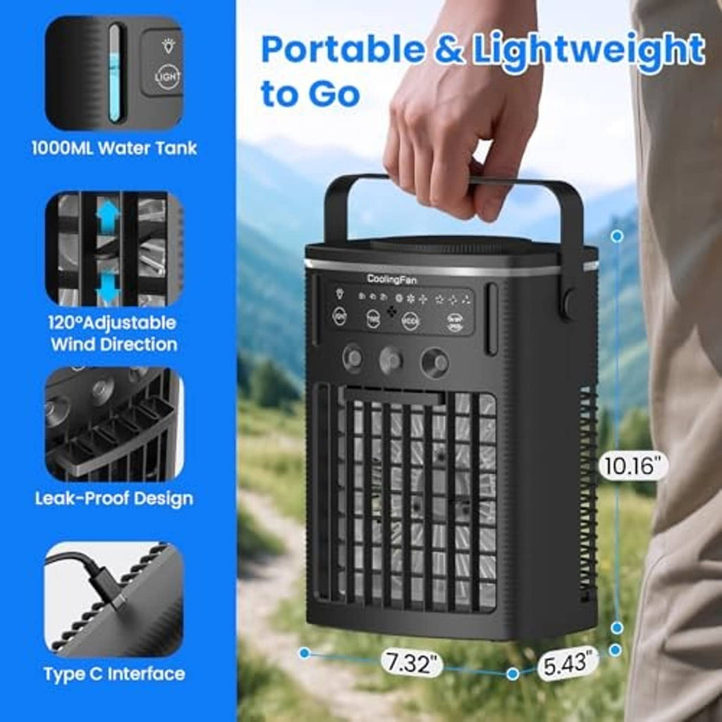 Black portable air cooler with top handle, front controls, and grille air vents