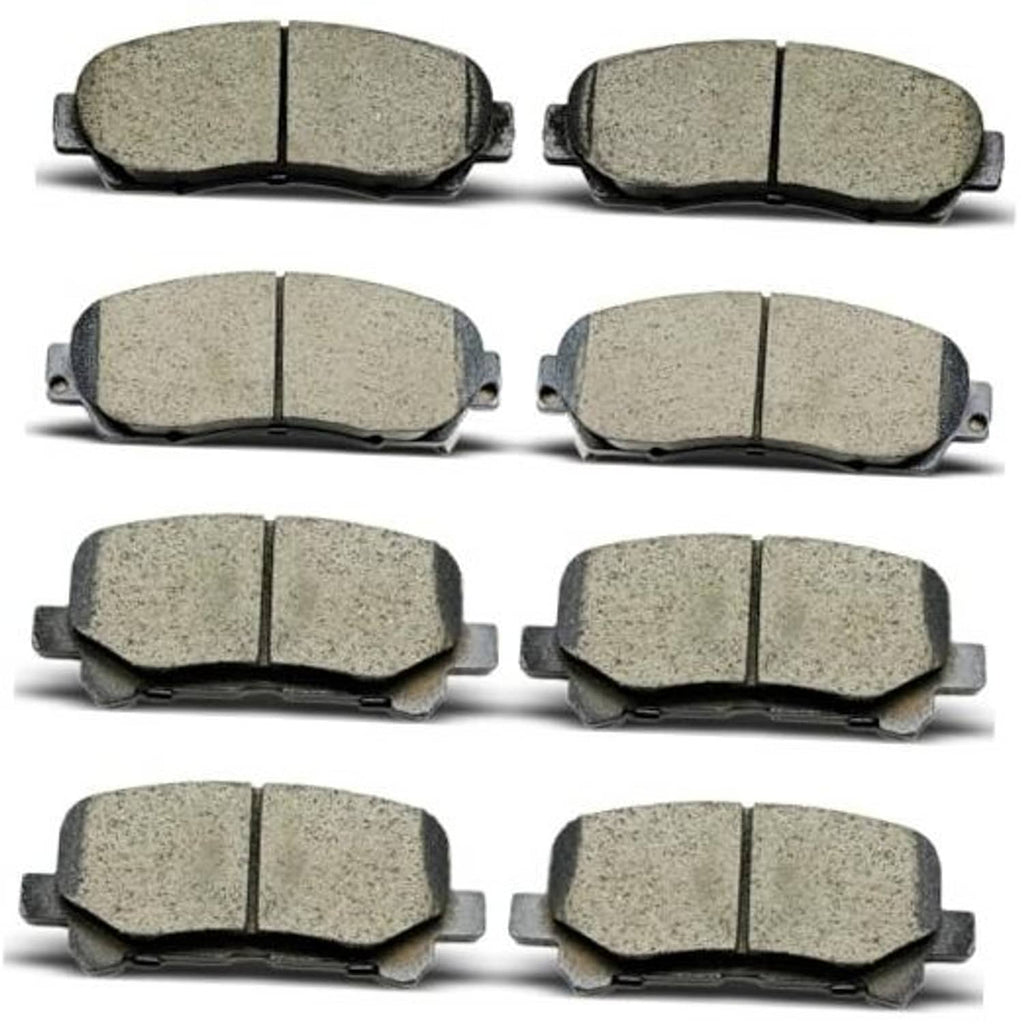 Ceramic brake pads set with gray friction material and black metal backing, front and rear