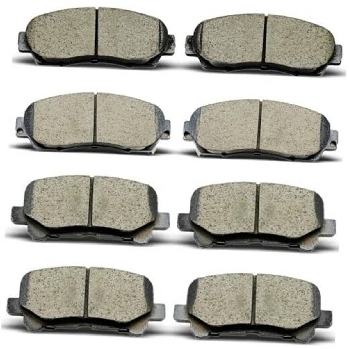 Ceramic brake pads set with gray friction material and black metal backing, front and rear