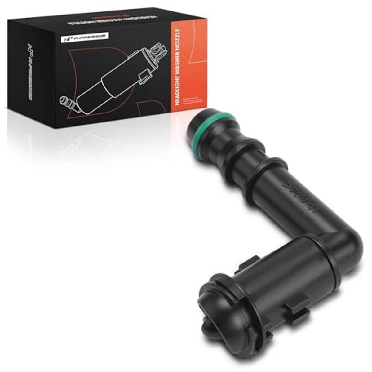Headlight washer nozzle product with box, black plastic part and green O-ring