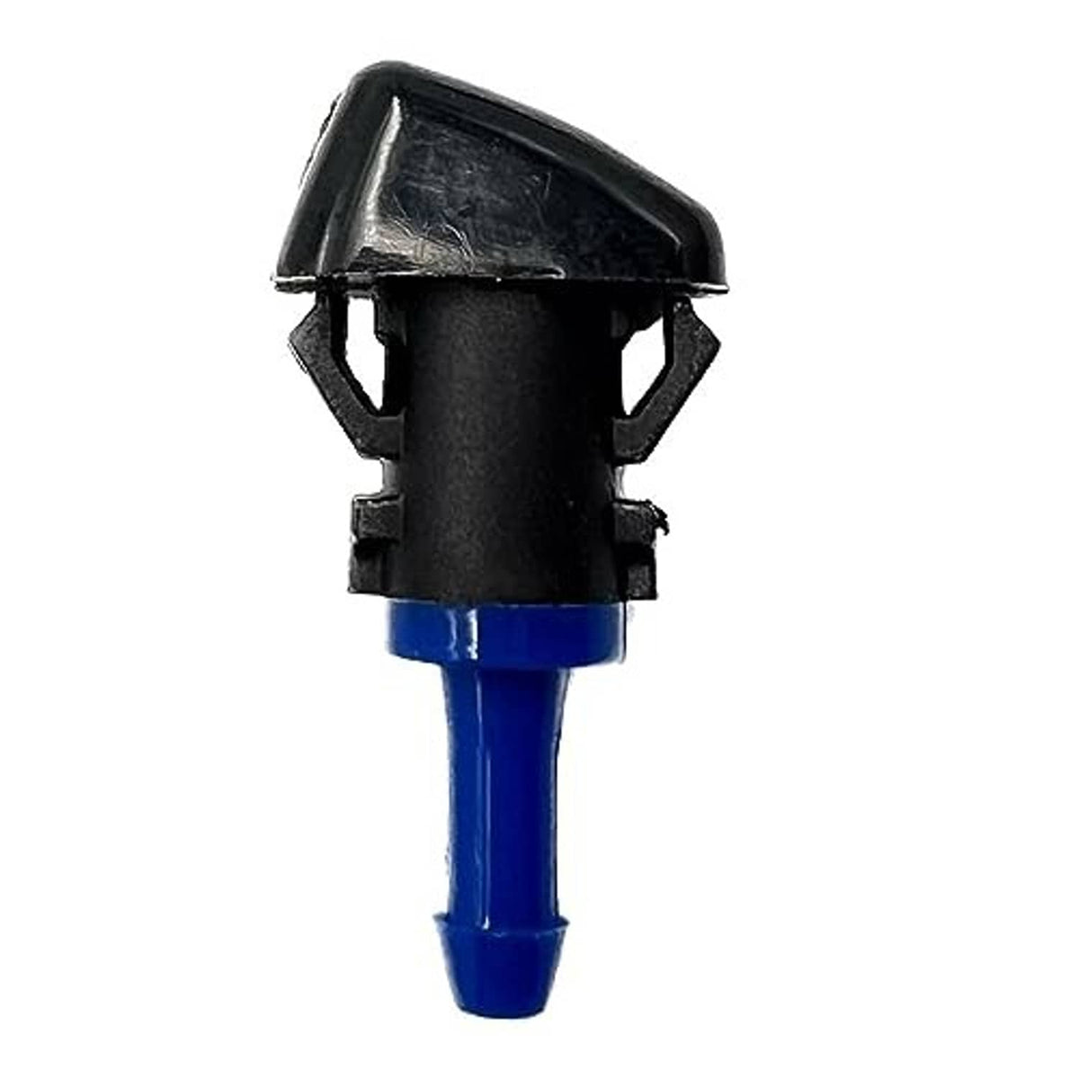 Windshield washer nozzle, black housing with blue tube, front view
