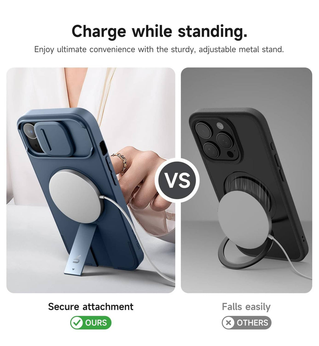 Blue iPhone case with adjustable metal stand and circular grip for charging