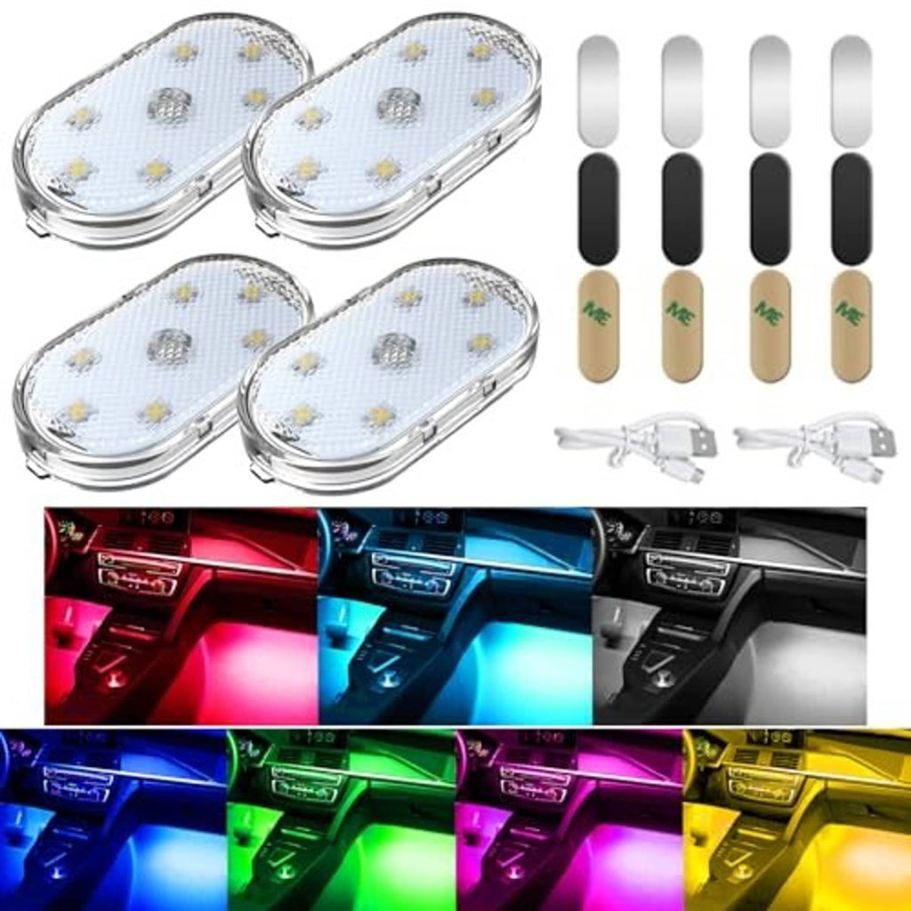 Set of four oval car interior LED panels with magnetic bases and USB cables