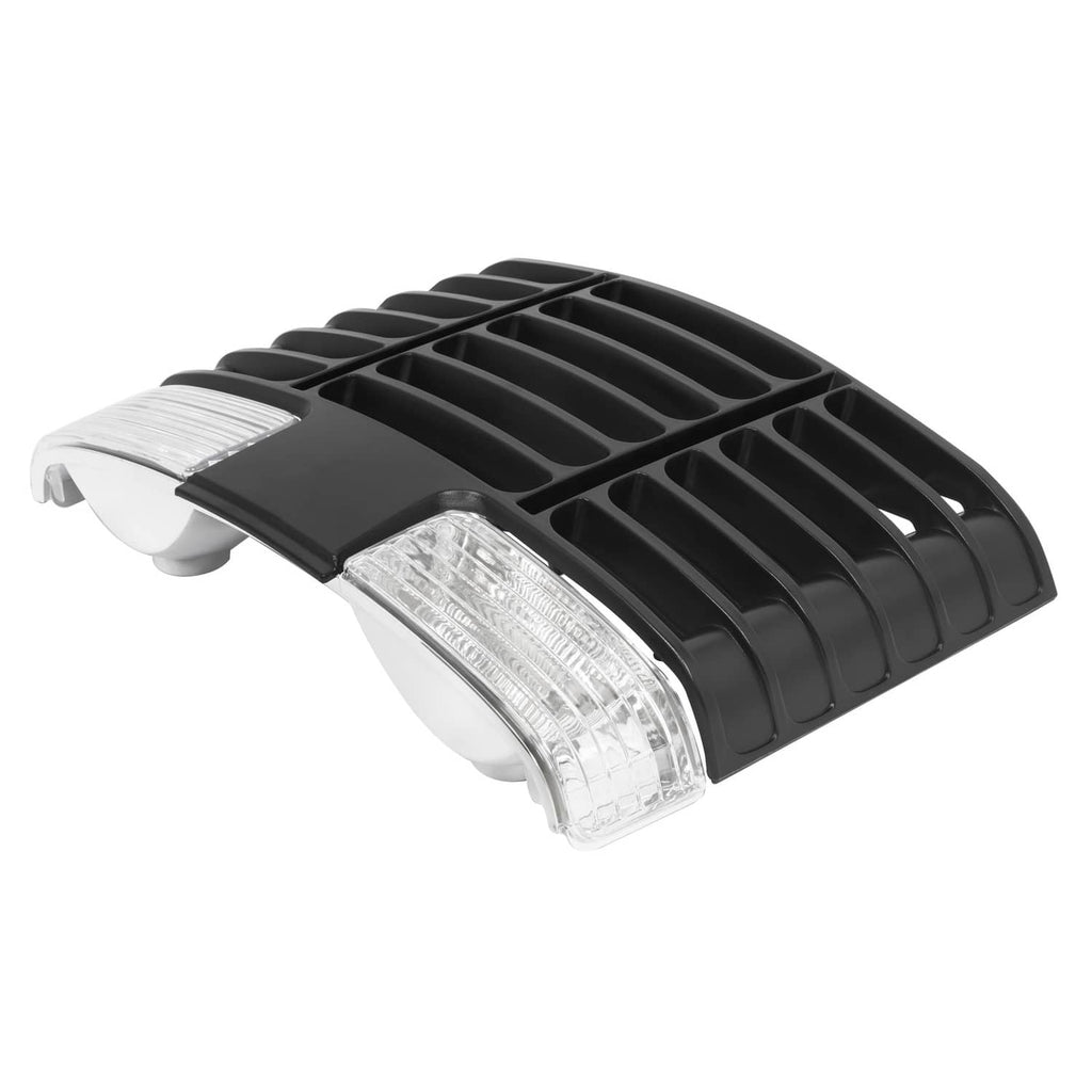 Black ABS grille end view with clear headlight lenses and ribbed slat top