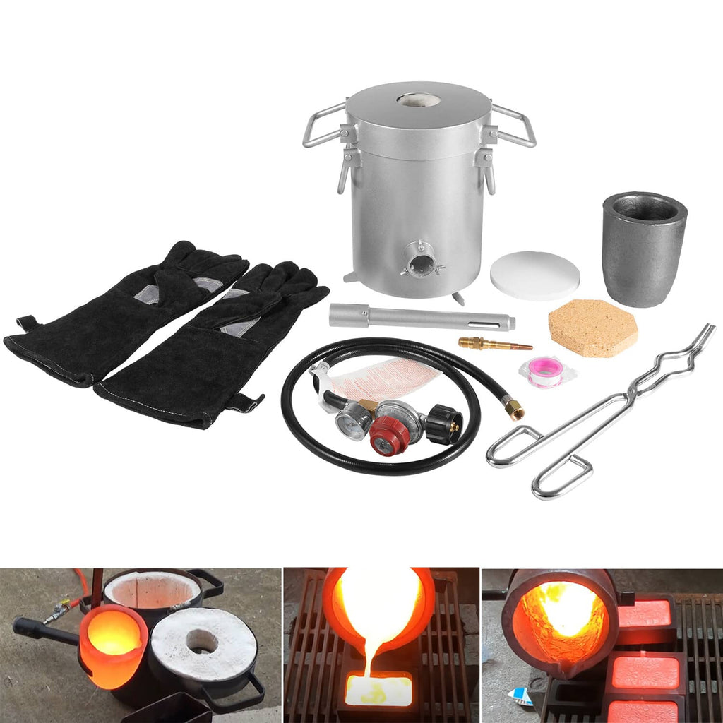 Propane smelting furnace kit with crucible, lid, gloves, burner hose, tongs, tools