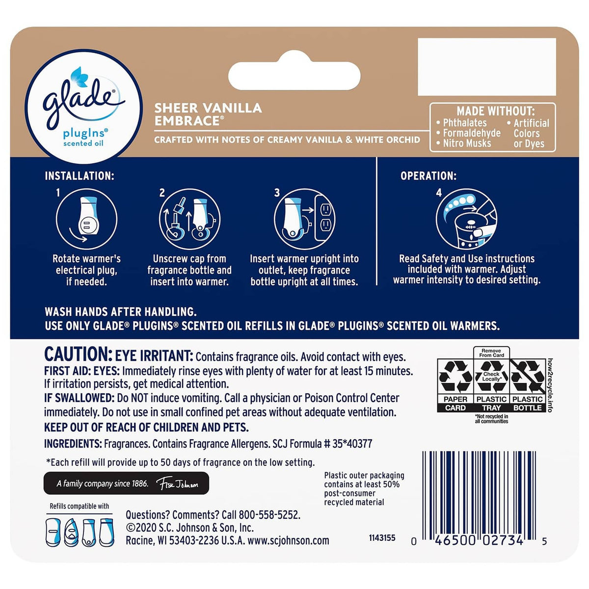 Glade PlugIns sheer vanilla embrace refill package back with usage instructions and caution label
