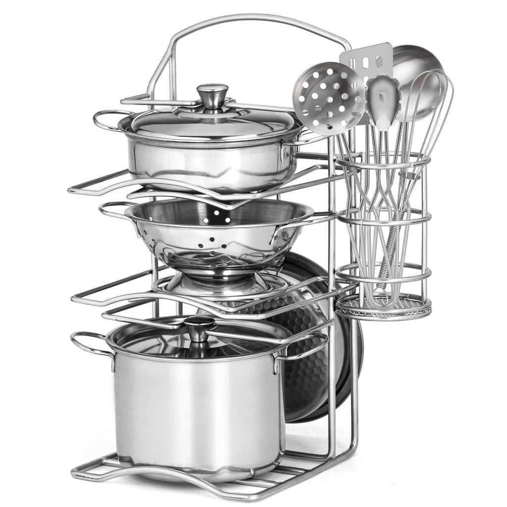 Child-size pretend cookware set: shiny metal pots, lids, and utensils in rack.