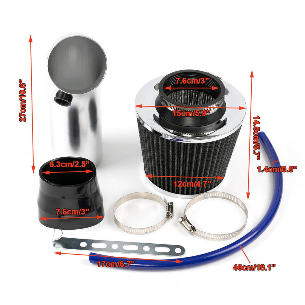 Cold air intake kit parts: cone air filter, silver aluminum pipe, blue silicone hose, clamps