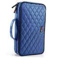 Blue quilted CD/DVD storage wallet with zipper and side carry strap.