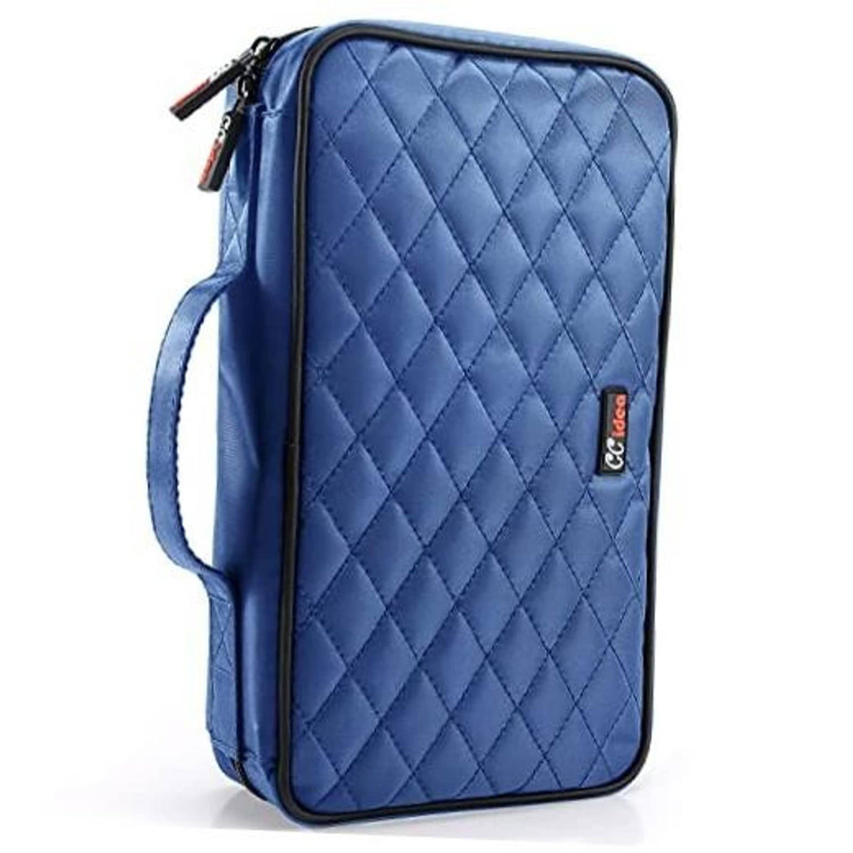Blue quilted CD/DVD storage wallet with zipper and side carry strap.
