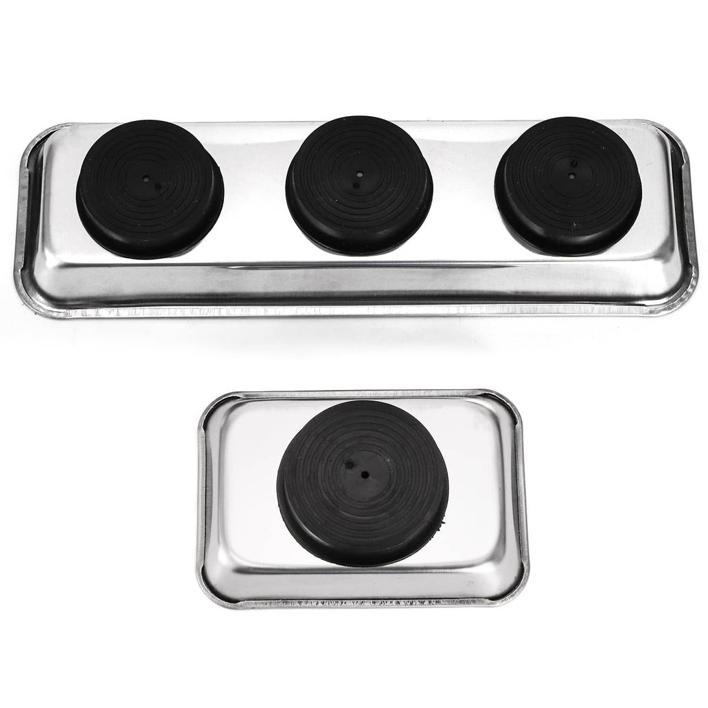 Stainless steel magnetic parts trays with black circular magnets and matching small tray
