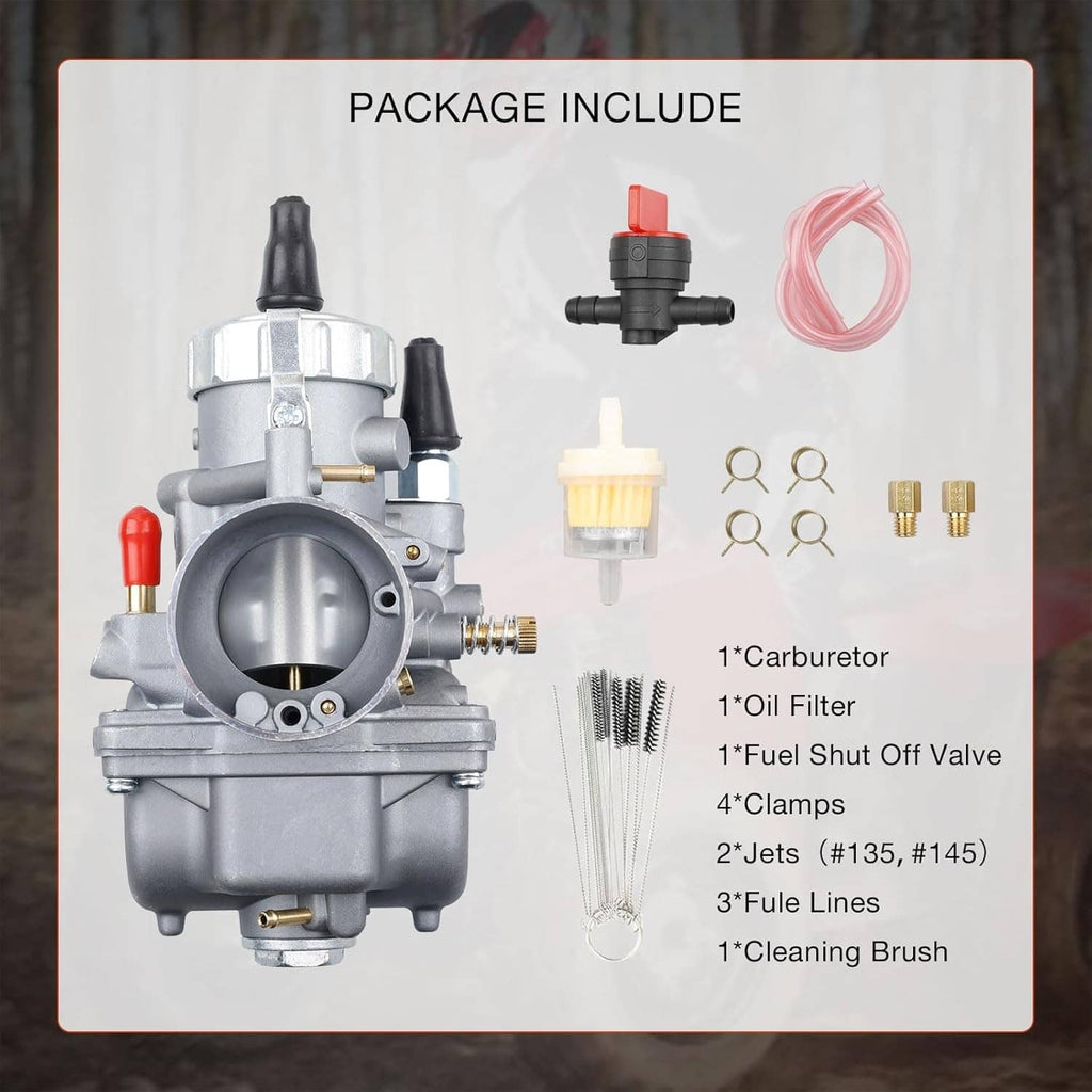 2-stroke carburetor kit with red fuel line, filter, jets, clips, and cleaning brush