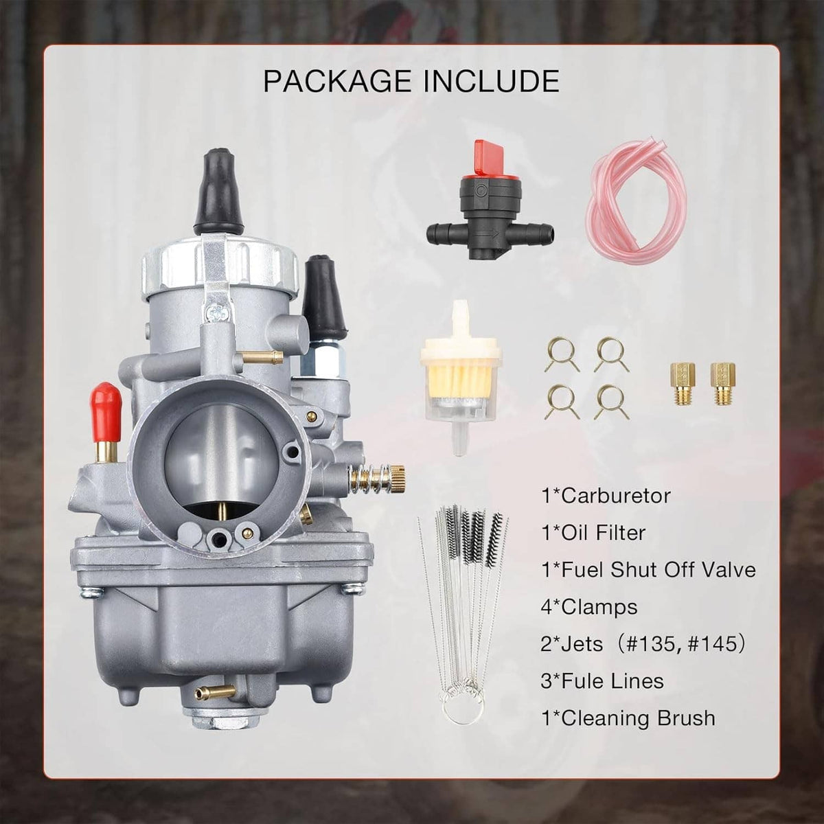 2-stroke carburetor kit with red fuel line, filter, jets, clips, and cleaning brush